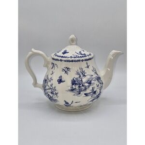 Churchill Toile Blue Teapot Scalloped 5 Cup England Blue Transferware